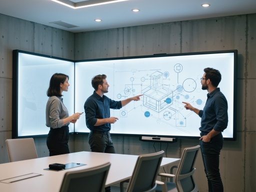 AI从业者交流会现场，技术人员在现代化会议室中展示项目，屏幕显示代码界面